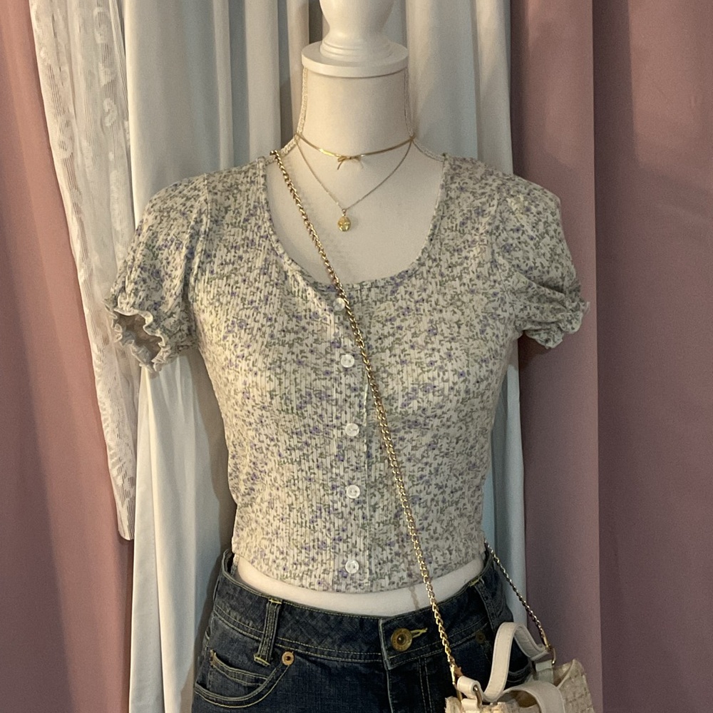 White floral cute summer Puff Sleeve Crop Blouse